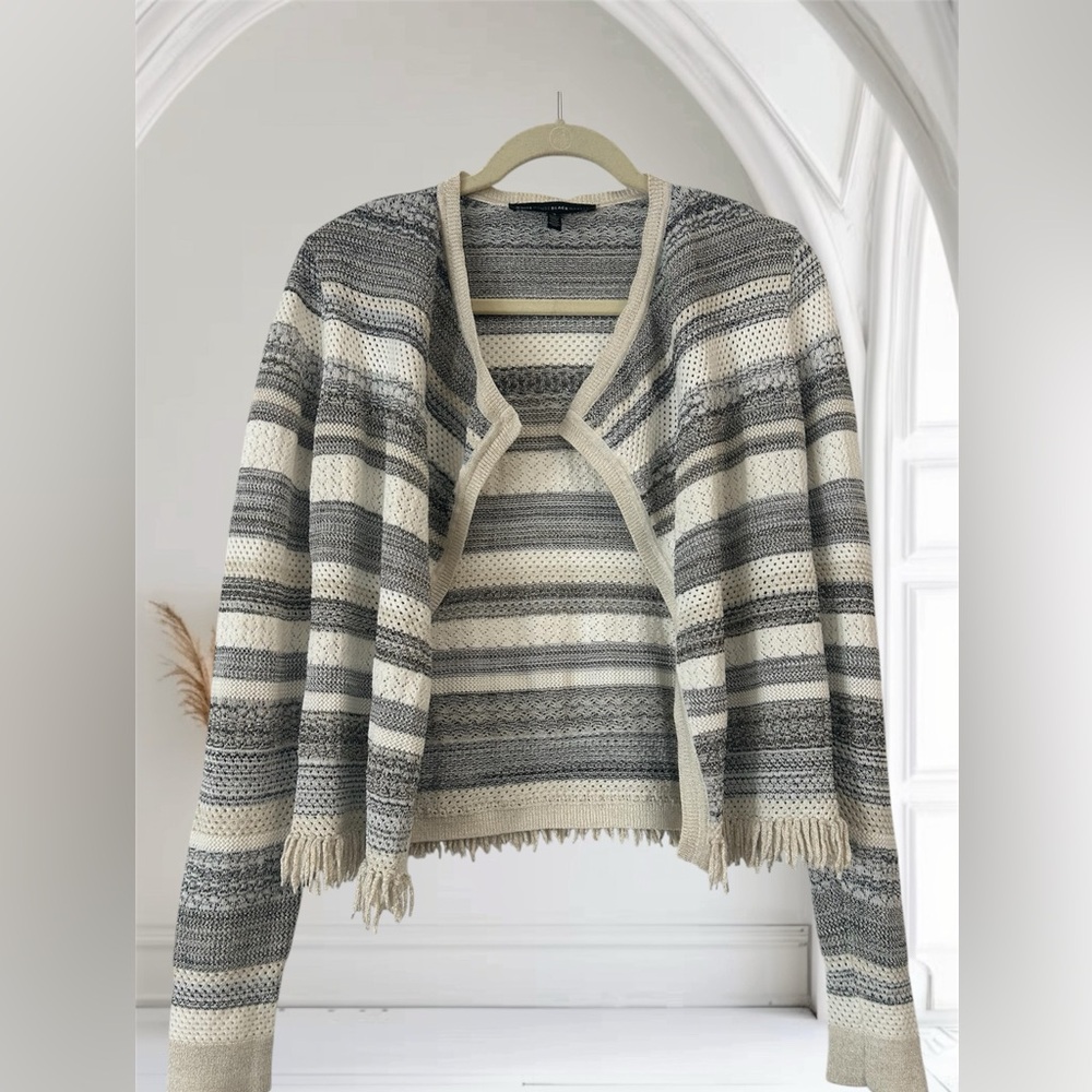 White House Black Market Cardigan Stripes open Knit Gray White Shimmer Small
